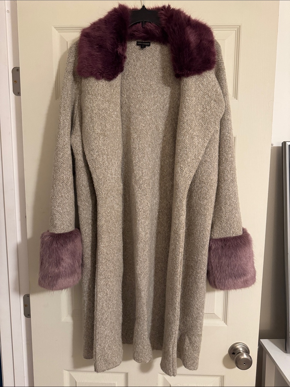 Coco + Carmen Taupe Coatigan with Plum Faux-Fur Trim